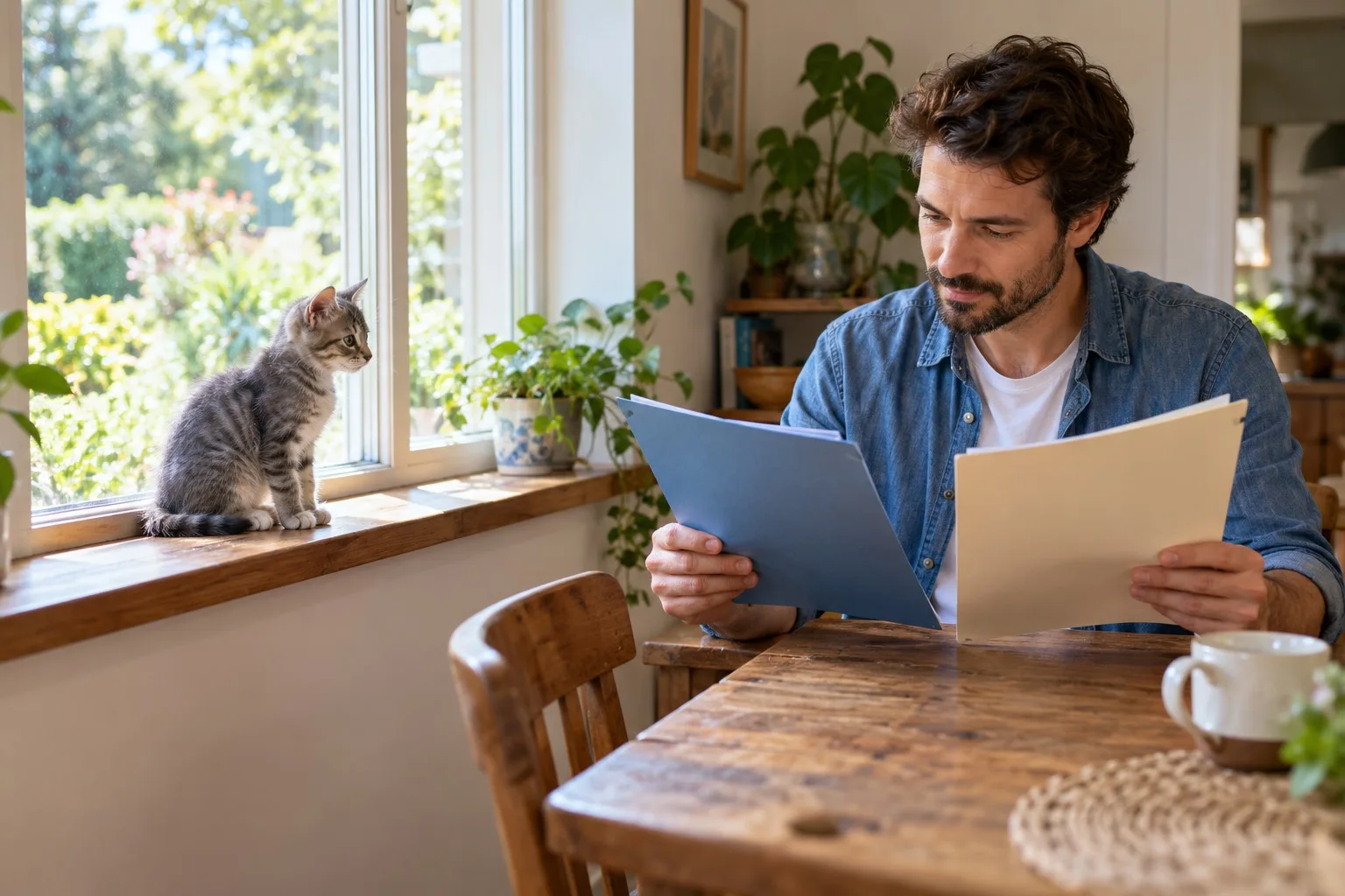 Owner comparing folders at a table with a tabby cat on the windowsill